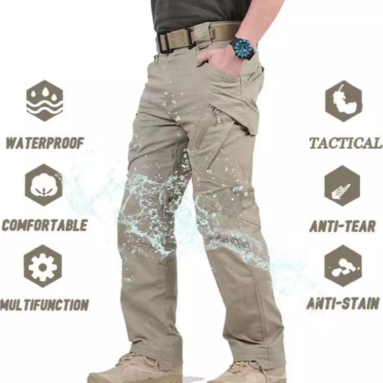 Beige tactical pants with water splashes on a white background, featuring JIN EAGLE branding.