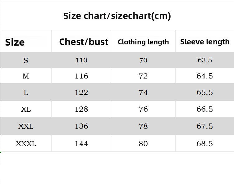 A size chart table in centimeters showing measurements for sizes S through XXXL, with columns for Size, Chest/bust, Clothing length, and Sleeve length. A reminder at the bottom states that measurements are in centimeters and a margin of error of 1-3 cm is considered normal.