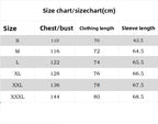A size chart table in centimeters showing measurements for sizes S through XXXL, with columns for Size, Chest/bust, Clothing length, and Sleeve length. A reminder at the bottom states that measurements are in centimeters and a margin of error of 1-3 cm is considered normal.