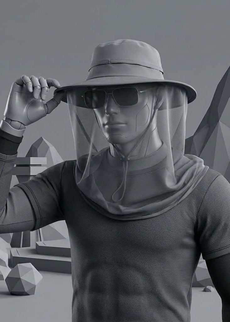A person wearing a gray wide-brim hat with a clear face veil, dark sunglasses, and a fitted short-sleeve top, standing in a stylized low-poly desert scene. The face area is intentionally blurred/blocked.