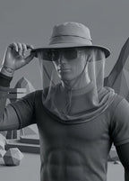 A person wearing a gray wide-brim hat with a clear face veil, dark sunglasses, and a fitted short-sleeve top, standing in a stylized low-poly desert scene. The face area is intentionally blurred/blocked.