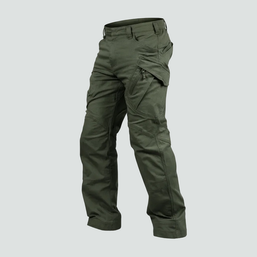 Olive green tactical cargo pants shown floating against a neutral gray gradient background.