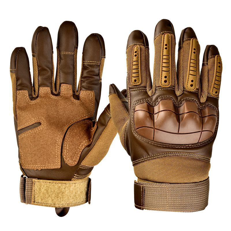 Pair of brown tactical gloves with a white background