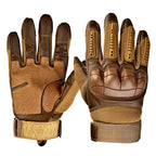 Pair of brown tactical gloves with a white background