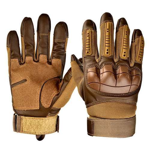 Pair of brown tactical gloves with a white background