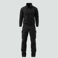 A black long-sleeve quarter-zip pullover and matching black cargo pants displayed on a headless mannequin against a neutral gray background.