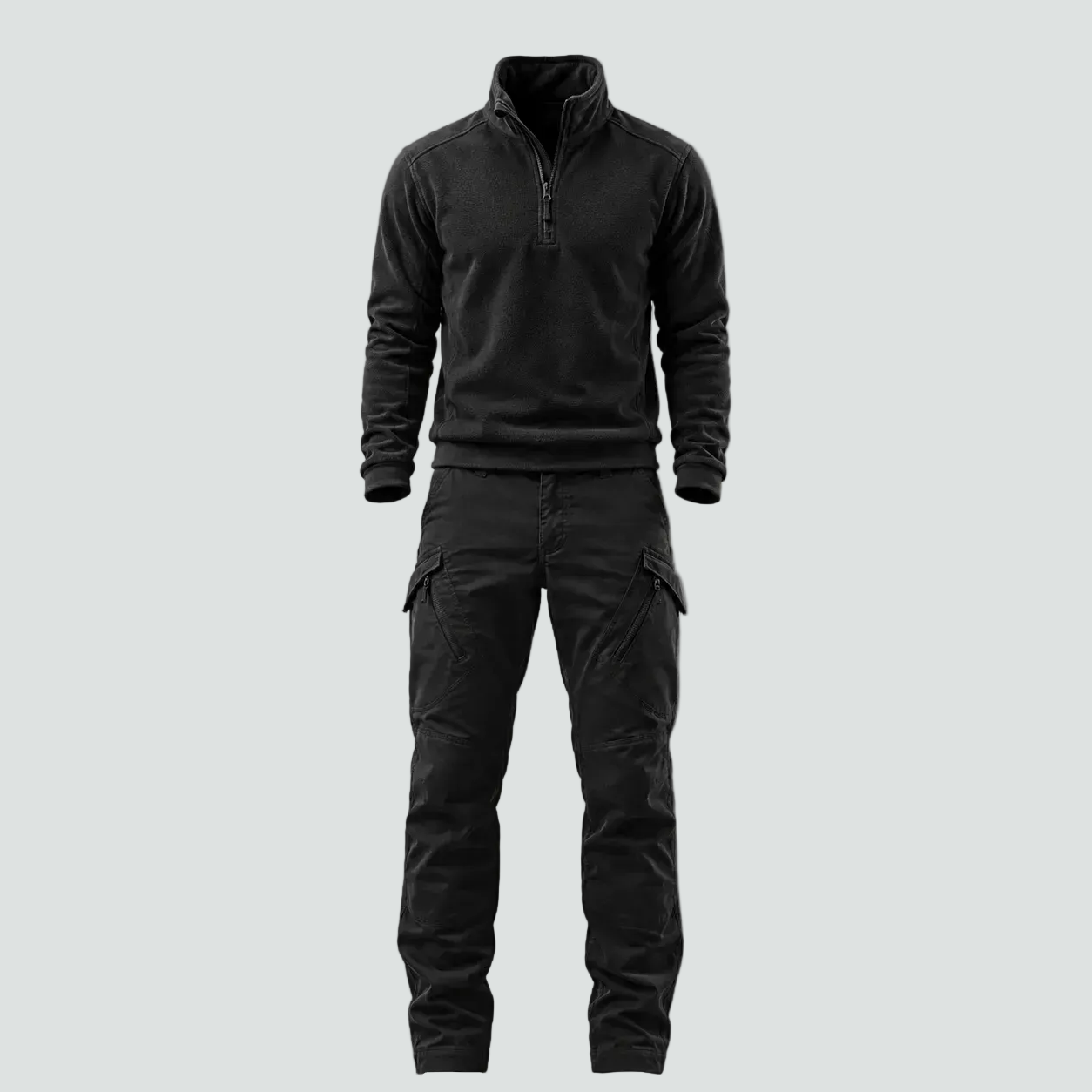A black long-sleeve quarter-zip pullover and matching black cargo pants displayed on a headless mannequin against a neutral gray background.