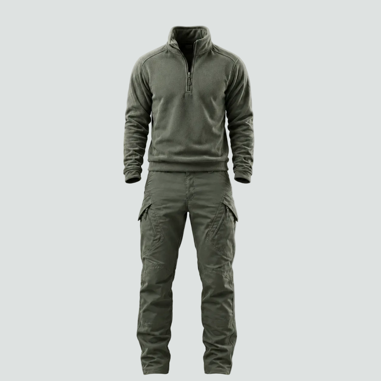 An olive green tactical fleece quarter-zip pullover and matching cargo pants set, displayed on a ghost mannequin against a solid gray background