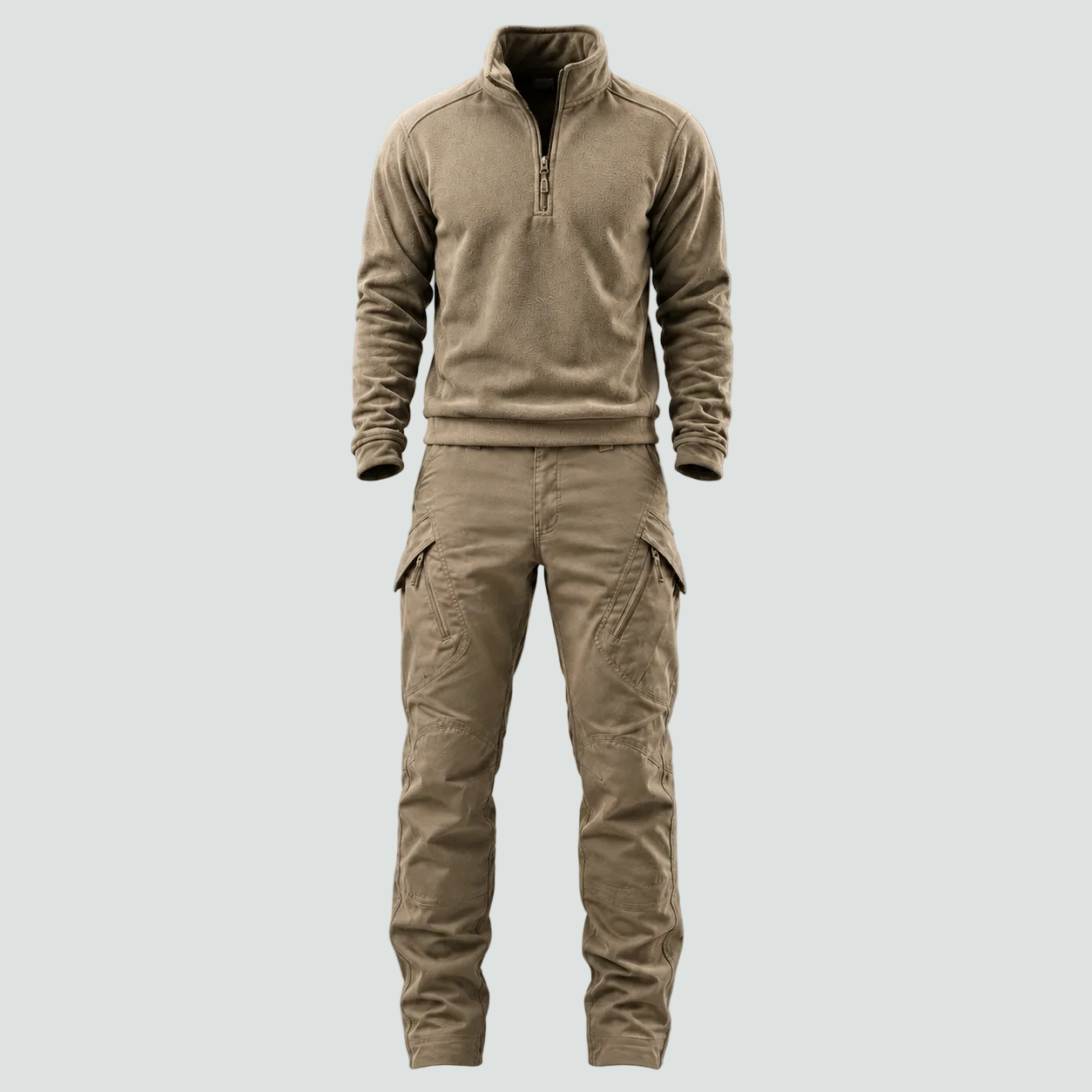 A men's tactical-style two-piece outfit consisting of a quarter-zip fleece pullover and matching cargo pants, shown on a ghost mannequin against a solid gray background.